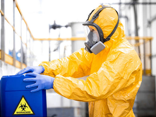 Technician in yellow hazmat suit safely handling biohazard sharps container during needle sweep cleanup